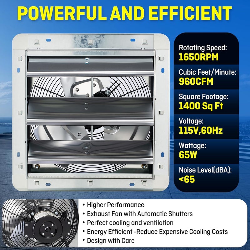 Iliving 12" Wall Mounted Shutter Exhaust Fan, Automatic Shutter, with Thermostat and Variable Speed controller, 0.6A, 960 CFM, 1400 SQF Coverage Area Silver (ILG8SF12V-ST) - Image 2